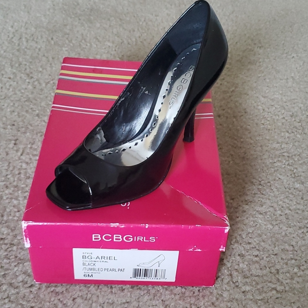 Ladies Black Patent Leather Peep Toe BCBGirls shoe